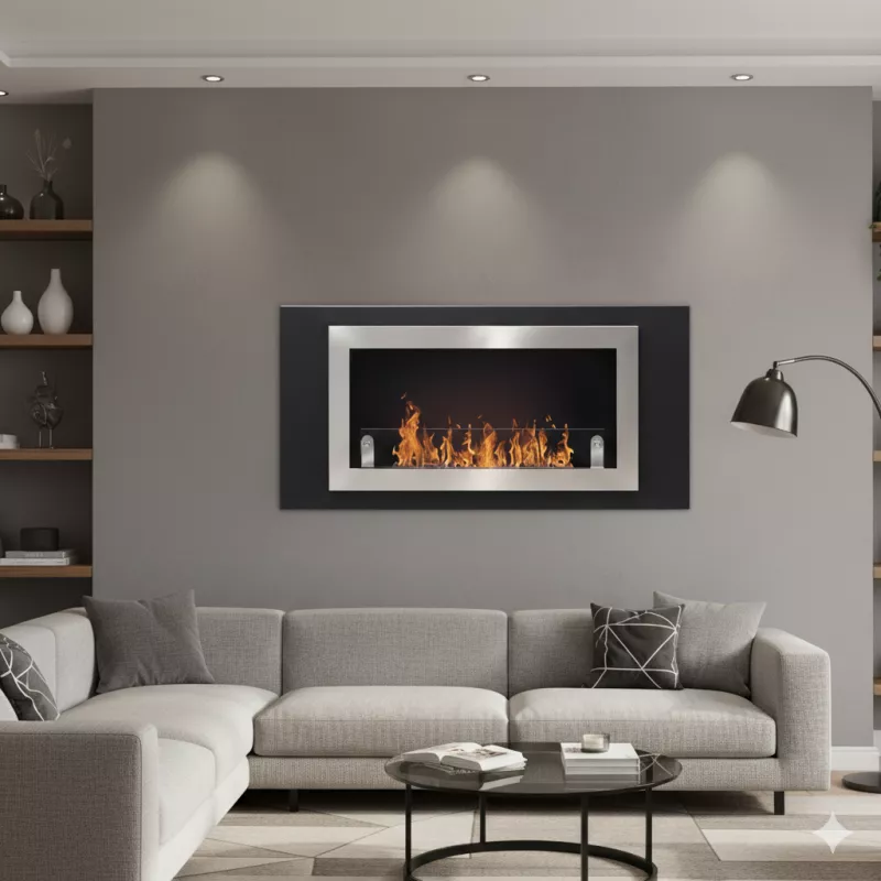 Wandfeuerstelle Stockholm, 2 Feuerstellen für 5.4kW Farbe Gebürsteter Edelstahl